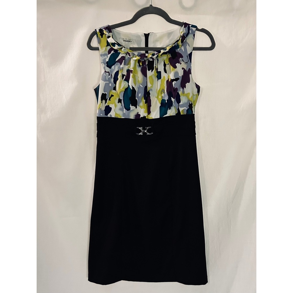 Dressbarn Womens Abstract Watercolor Sheath Dress Black Empire Waist Size 6